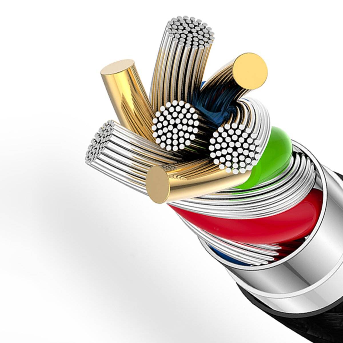 Ein detaillierter Querschnitt eines elektrischen Kabels, der mehrfarbige Drähte und Metallleiterstrände zeigt und die Kabelstruktur hervorhebt.