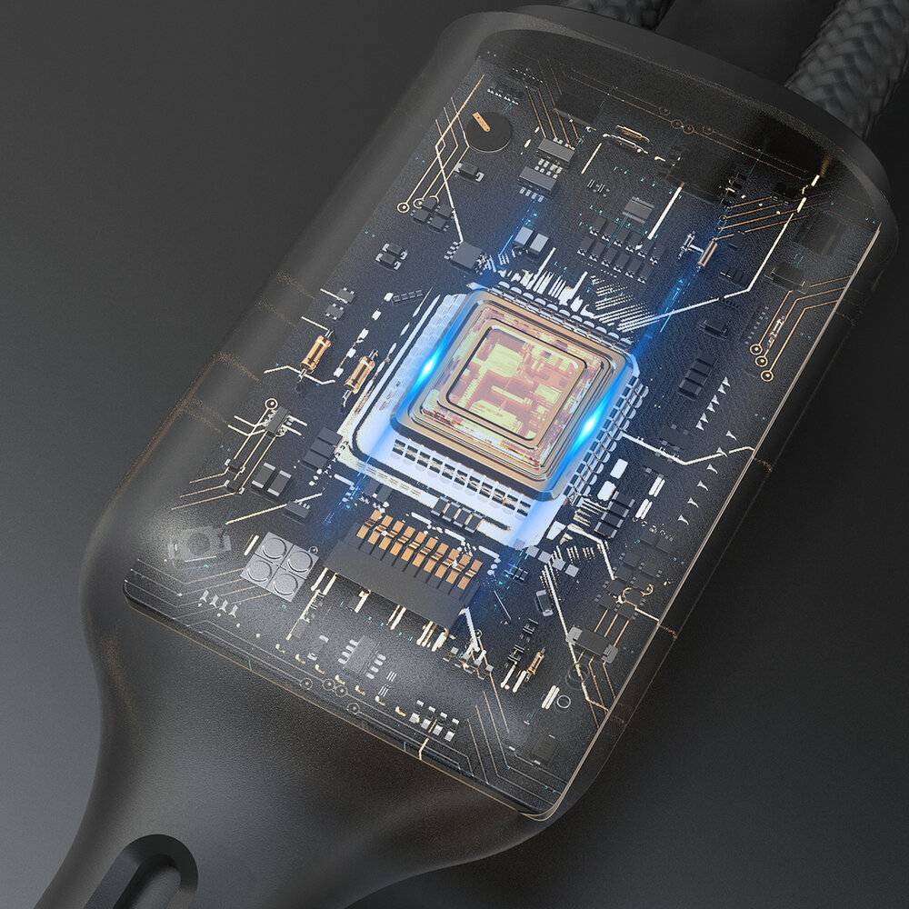 Eine Nahaufnahme eines transparenten Computerchips, die seine komplizierten Schaltkreise und elektronischen Komponenten zeigt und technologische Innovation hervorhebt.