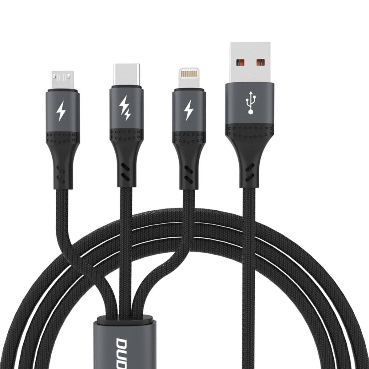 Drei Ladekabel mit verschiedenen Anschlüssen: Micro-USB, USB-C und Apple Lightning, vertikal auf einem weißen Hintergrund angeordnet.