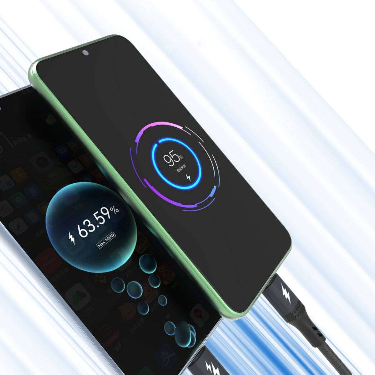 Zwei Smartphones mit kreisförmigen Akkuanzeigen; eines zeigt '95%' mit einem violetten Ring, das andere '63,59%' mit einem blauen Blasendesign. Beide Telefone sind mit Ladekabeln verbunden.