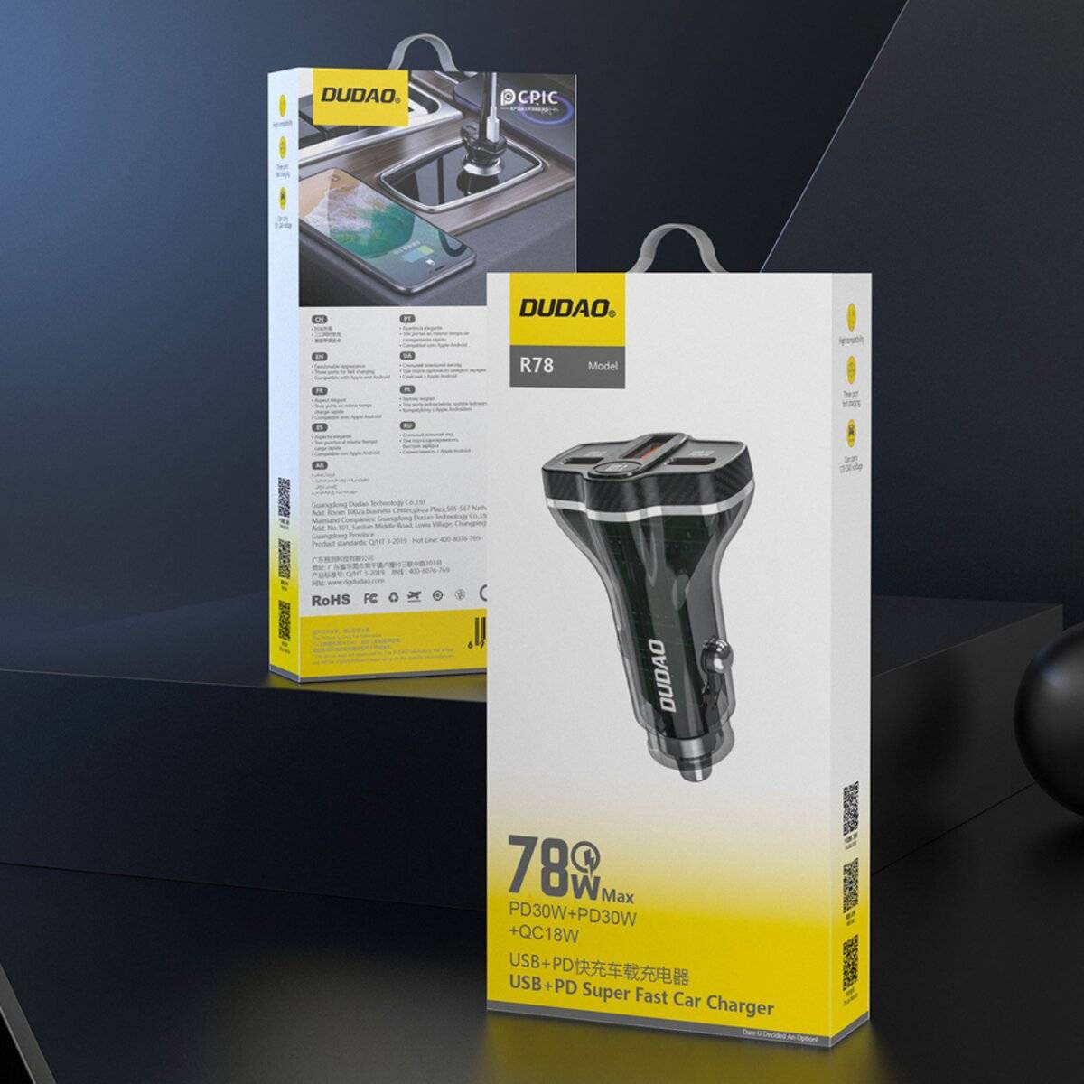 Dudao R78 78W USB-C PD / 2xUSB-A QC Autoladegerät – Schwarz