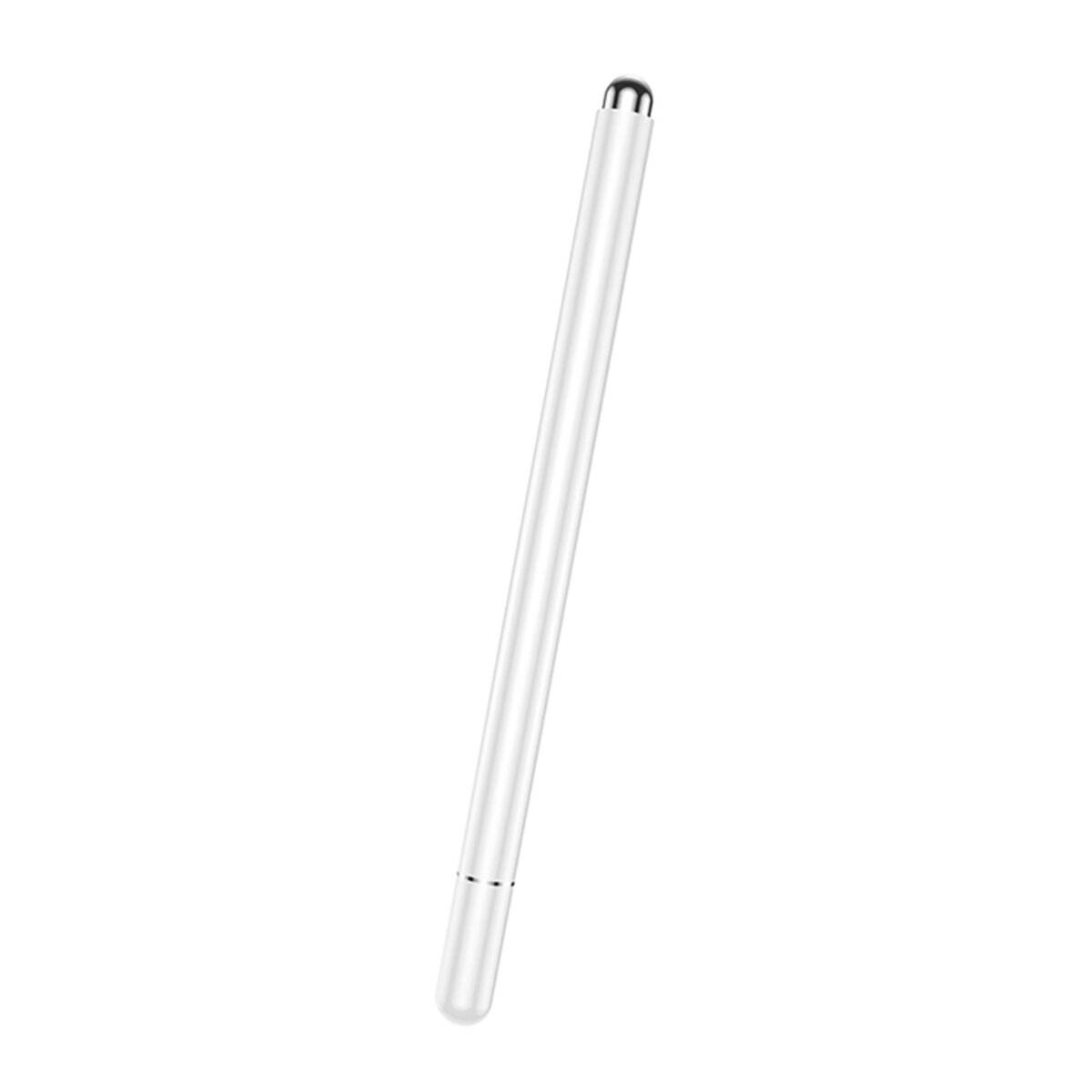 Ein weißer Stylus-Stift mit glänzender Silberspitze, vor einem schlichten weißen Hintergrund.