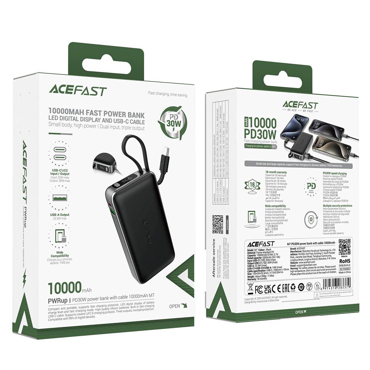 Acefast M7-10000 PD30W Powerbank integriertem Kabel – Schwarz