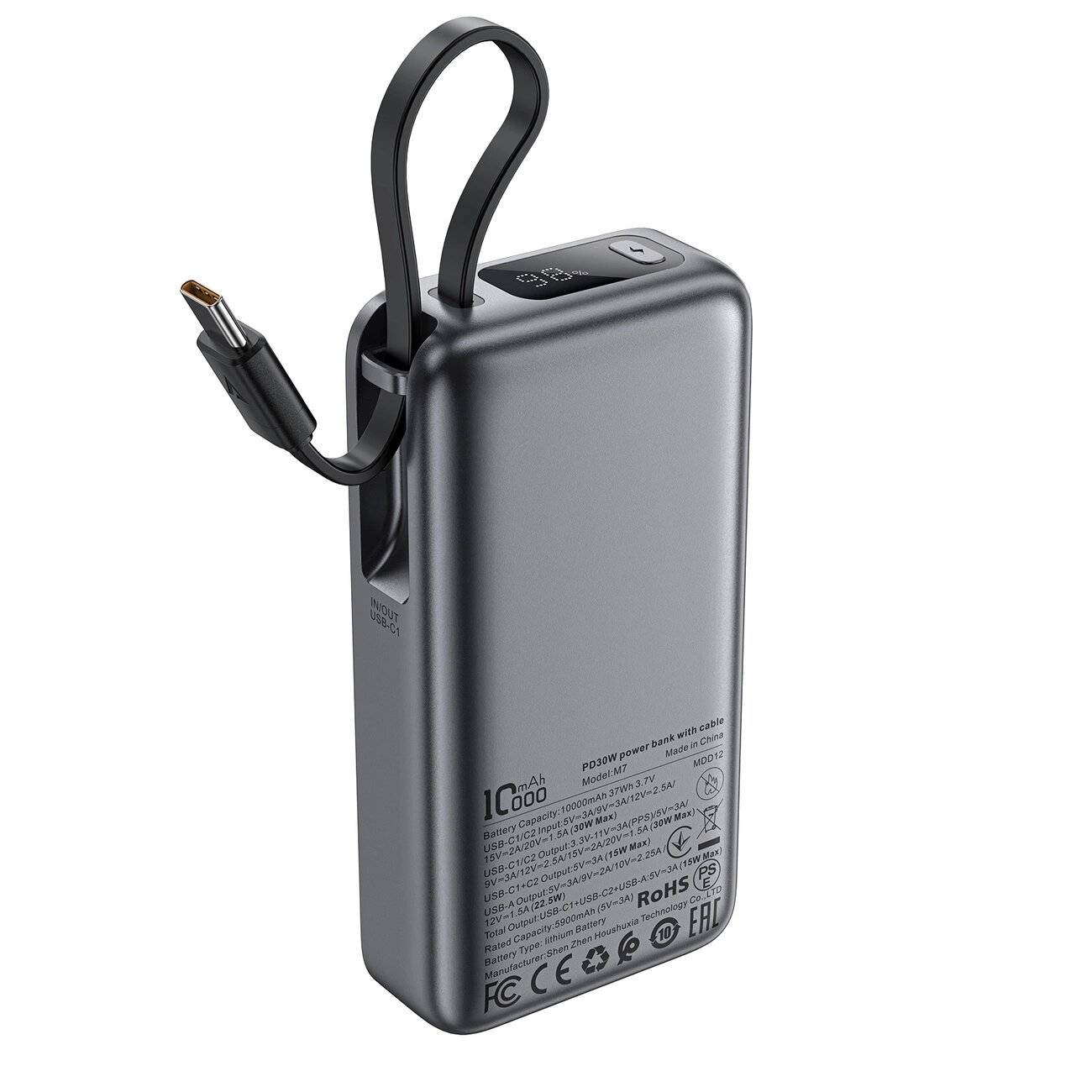 Acefast M7-10000 PD30W Powerbank integriertem Kabel – Schwarz