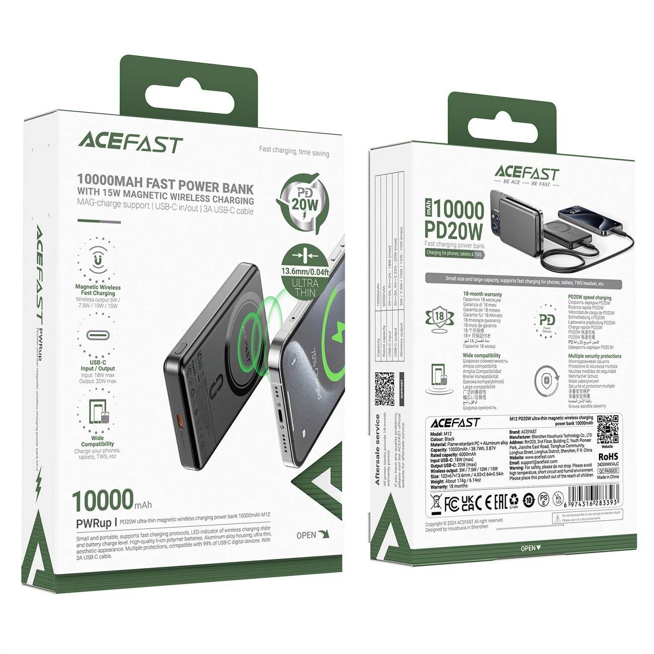 Acefast M12-10000 PD20W Powerbank Ultra-Slim, MagSafe-kompatibel – Schwarz