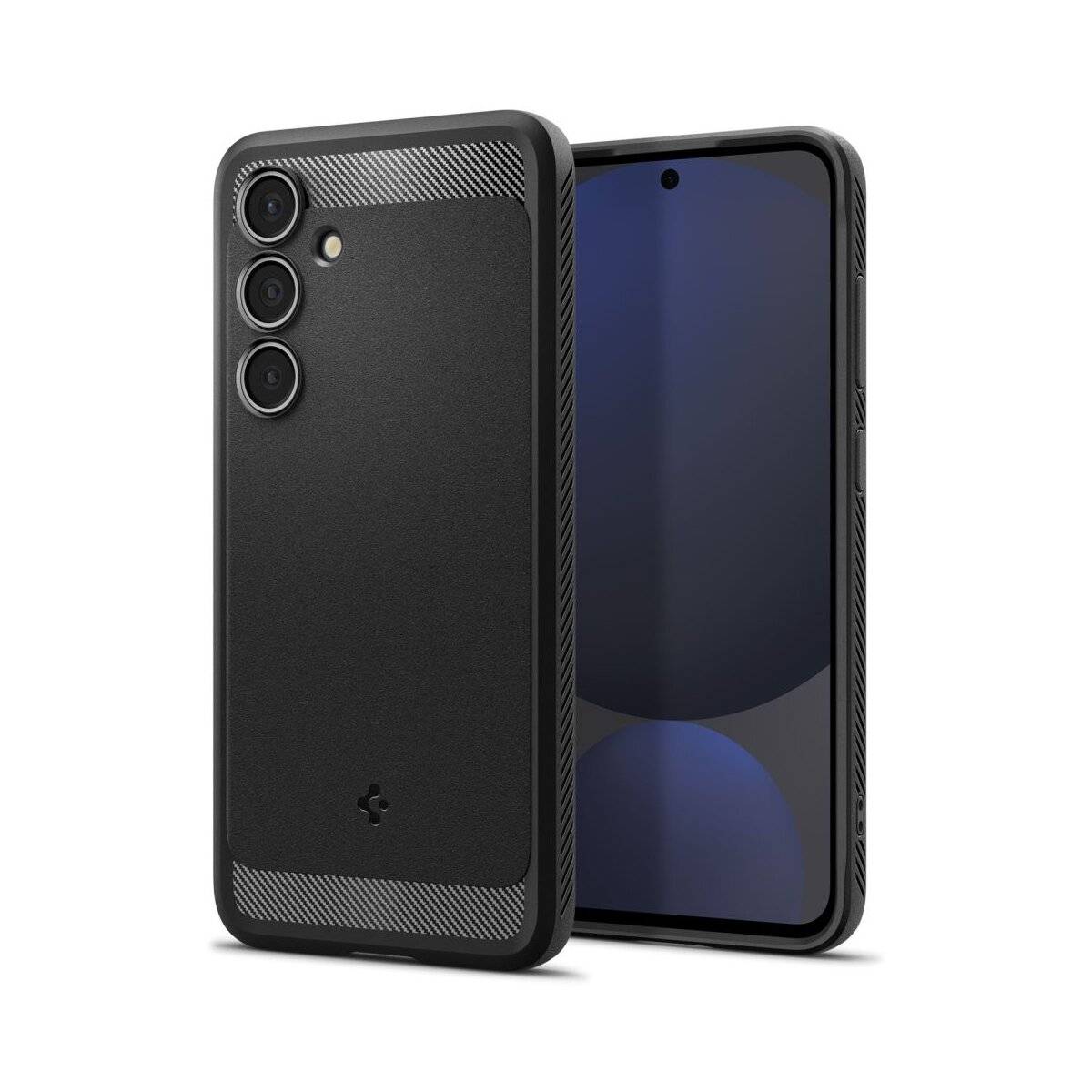 Ein schwarzes Smartphone mit einer dreifach-Linsen-Kamera auf der Rückseite, unter einem Winkel dargestellt, wobei das strukturierte Gehäusedesign und der Bildschirm hervorgehoben werden.