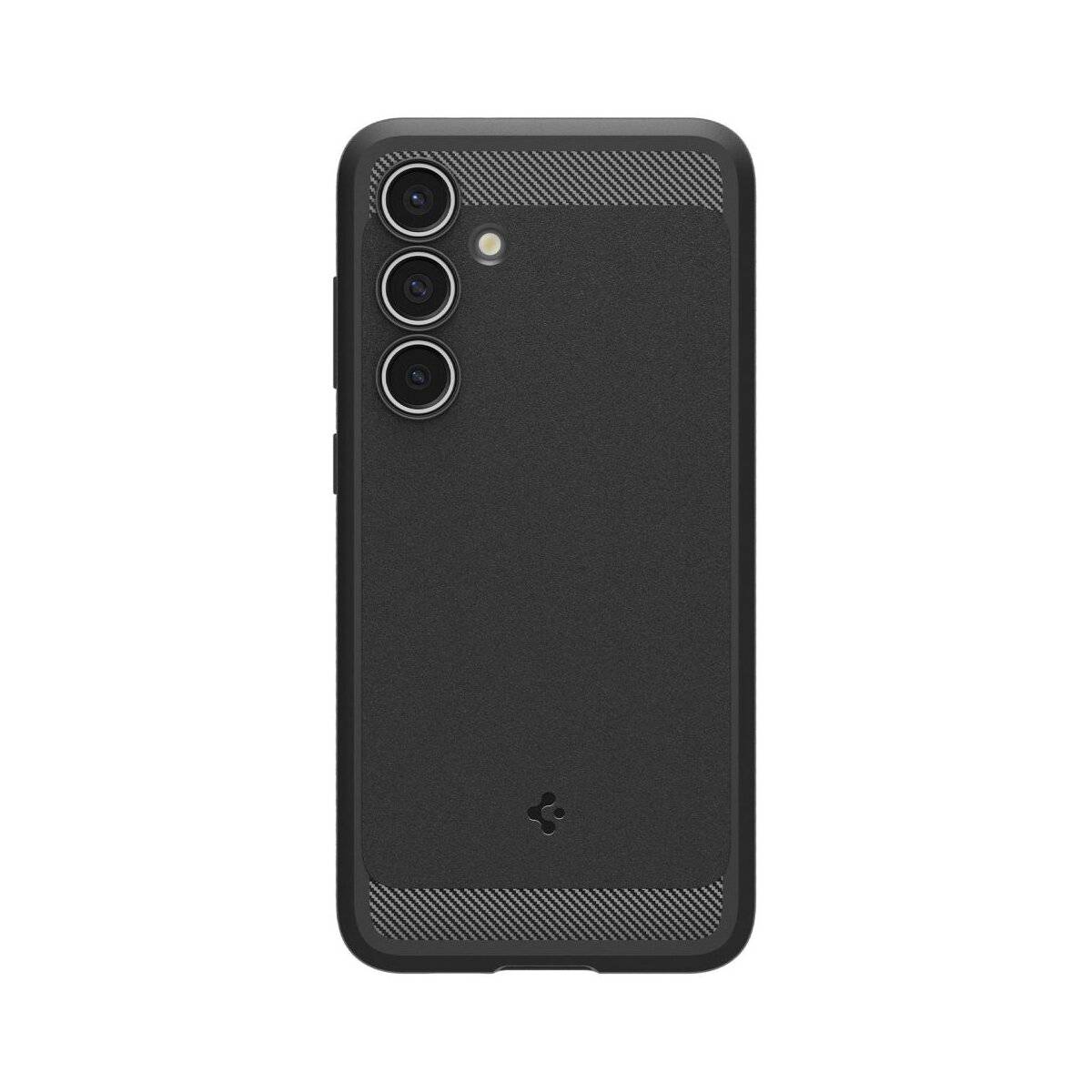 Ein schwarzes Smartphone-Case mit strukturierter Oberfläche, das drei vertikal ausgerichtete Kameraausschnitte in der oberen linken Ecke aufweist.