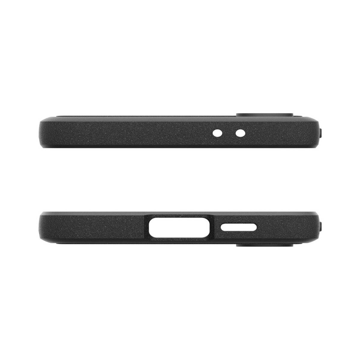 Zwei schwarze Handyhüllen von der Seite gezeigt. Die obere Hülle hat zwei Löcher, und die untere Hülle hat eine große Aussparung und einen kleinen Knopfschlitz.