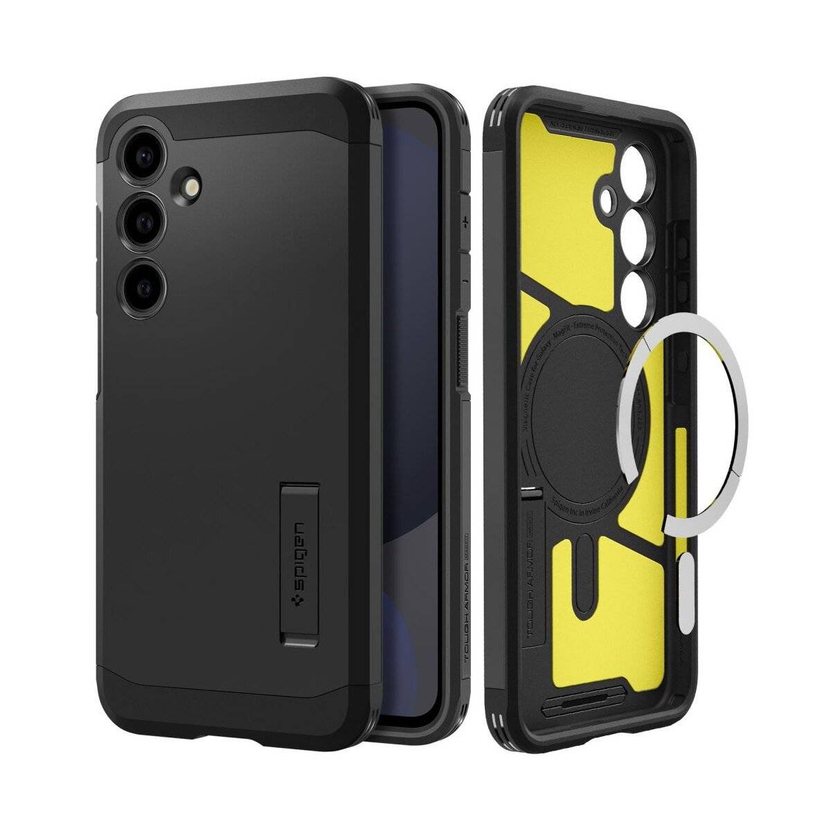 Handyhülle mit schwarzem Außenbereich und gelbem Innenbereich, mit verstärkten Ecken, dreifachen Kameraausschnitten, einem Ständer und einem Ringhalter.