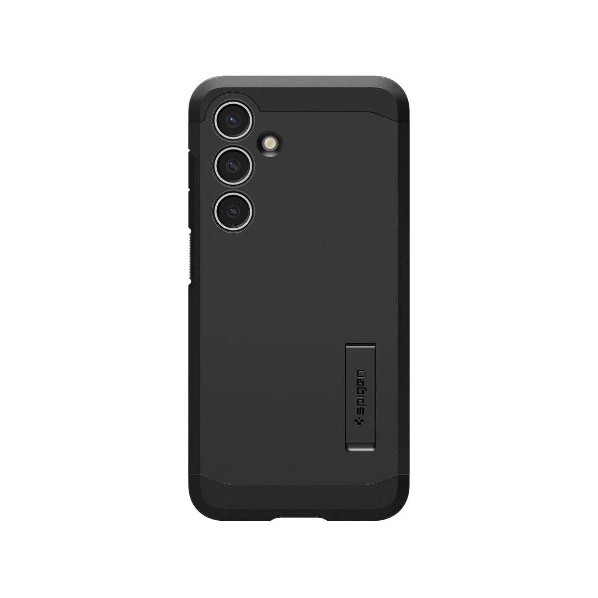 Eine schwarze robuste Smartphone-Schutzhülle mit drei Aussparungen für Rückfahrtkameras und integriertem Ständer.