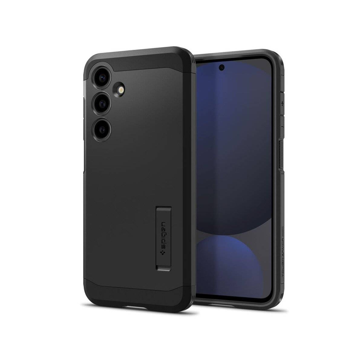 Ein elegantes schwarzes Smartphone mit drei rückseitigen Kameras wird gezeigt, das eine Schutzhülle mit subtiler Textur und Markenlogo hat.