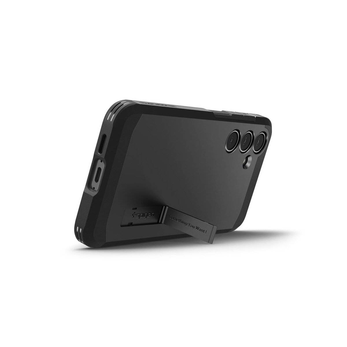 Ein elegantes schwarzes Smartphone-Case mit drei Objektivausschnitten und integriertem Ständer für die Landschaftsansicht.