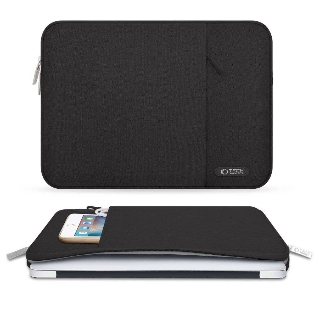 Eine schwarze Laptop-Schutzhülle mit einer Reißverschlusstasche, die ein Smartphone enthält, mit der Marke „TECH ICON