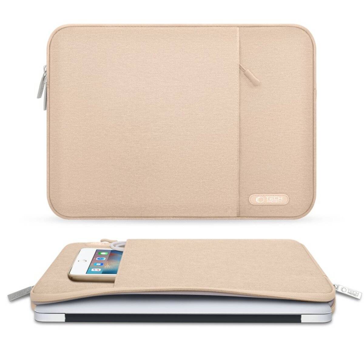 Beiges Laptop-Etui mit Reißverschluss, Anzeigetasche zum Halten eines Smartphones. Das Etui ist teilweise offen und zeigt einen Laptop im Inneren.