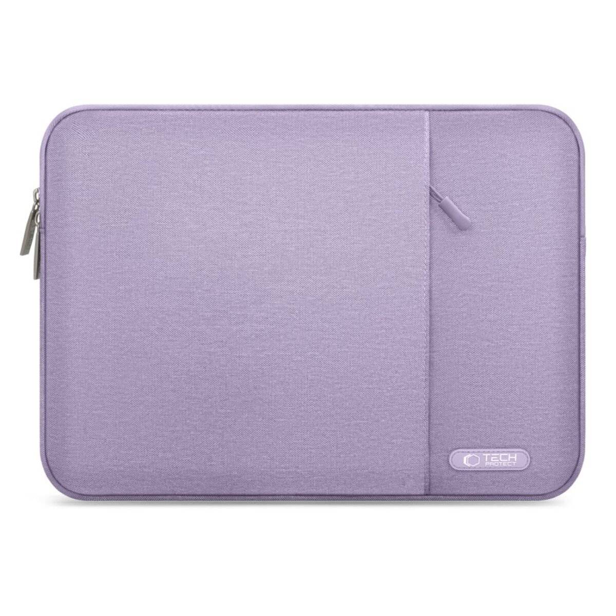 Lavendelfarbenes Laptop-Schutztuch mit Reißverschlusstasche und silbernem Logo auf der Vorderseite, entwickelt zum Schutz von Laptops und zur Kombination von Stil und Funktionalität.