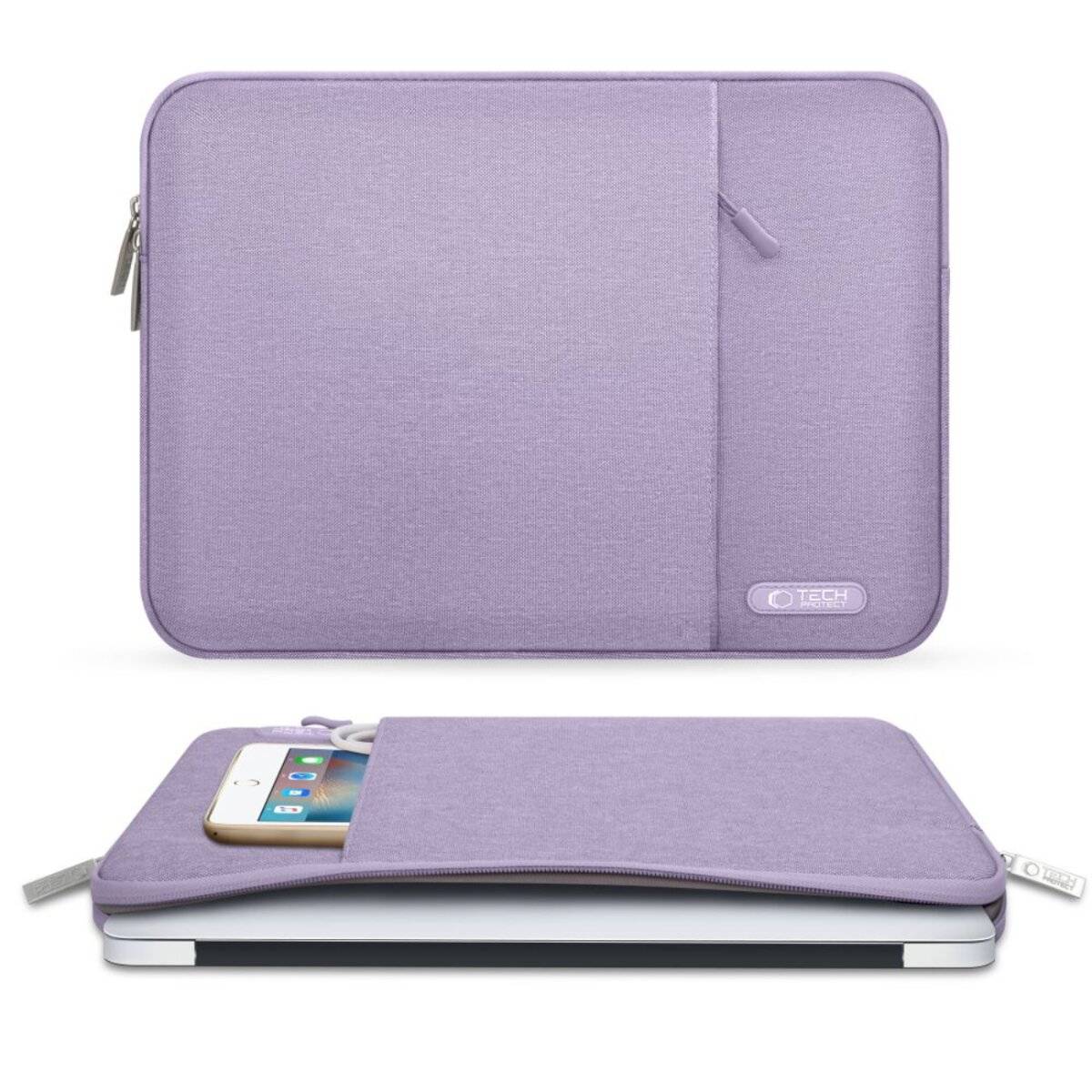 Violette Laptop-Schutzhülle mit zusätzlicher Tasche, geschlossen dargestellt und mit einem teilweise darin befindlichen Laptop, was die Speicherkapazität demonstriert.
