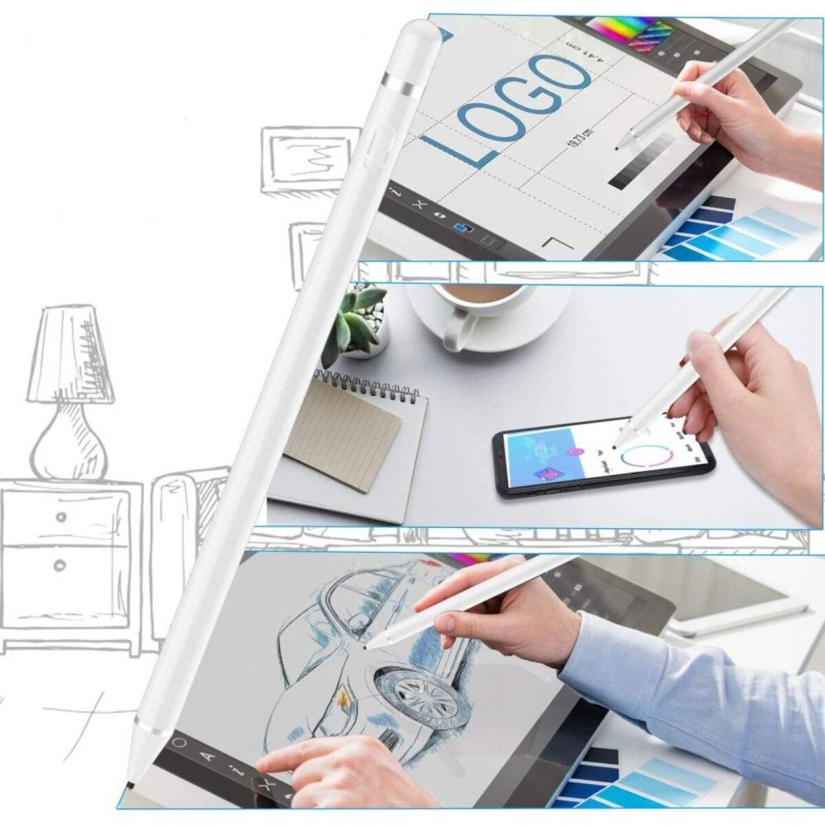 Ein Eingabestift wird auf einem Tablet verwendet, um ein Logo zu zeichnen, eine Grafik zu bearbeiten und ein Autodesign zu erstellen; eine Illustration der Vielseitigkeit.