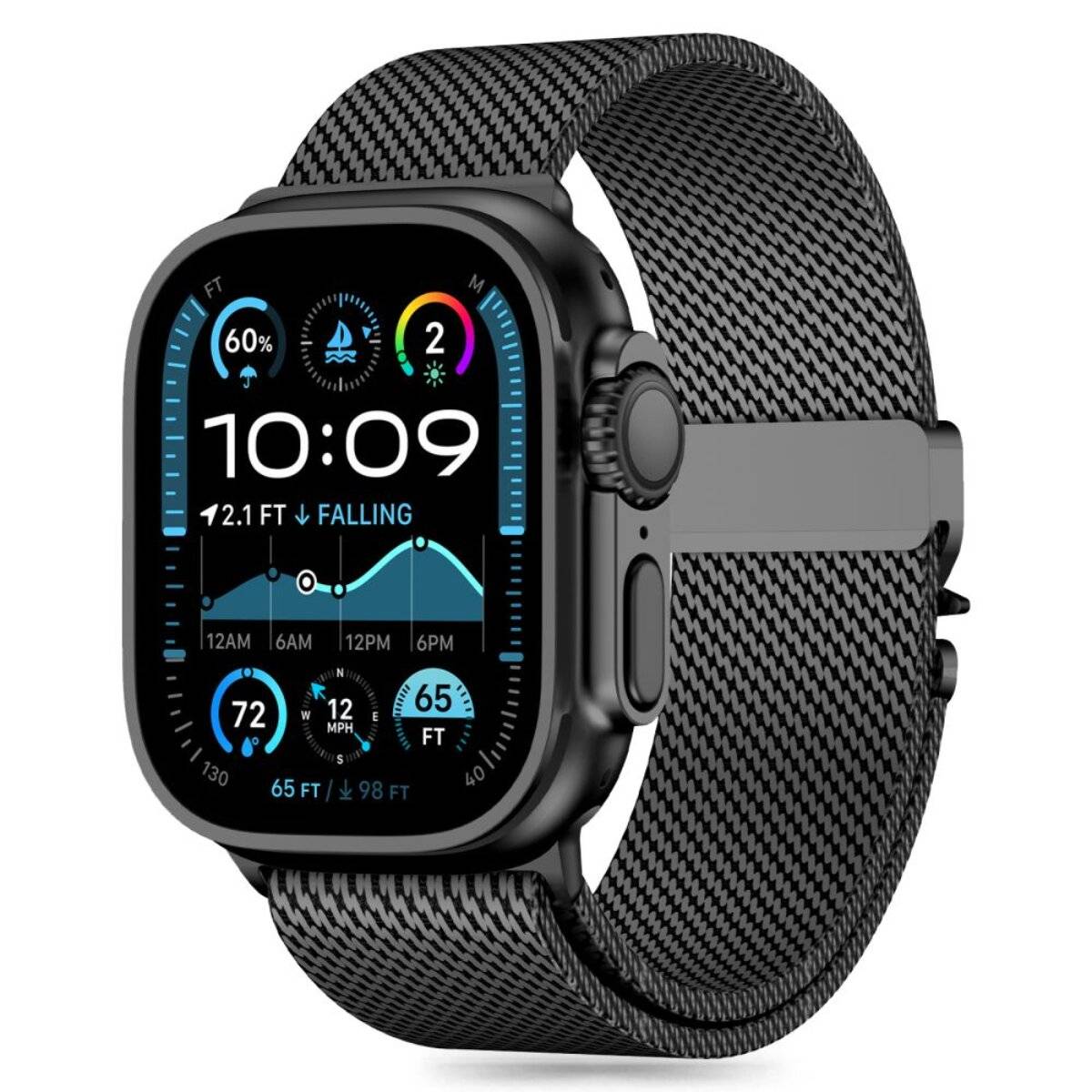 Eine Smartwatch zeigt Zeit- und Wetterdaten an und verfügt über ein Wetterverlauf-Diagramm, eine Temperaturanzeige von 72°F und Aktivitätssymbole.