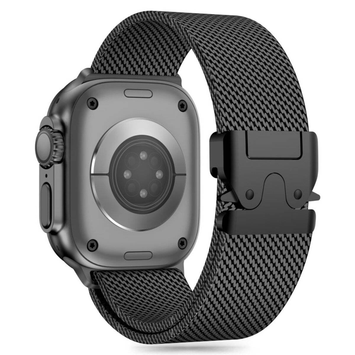 Eine Smartwatch mit einem schwarzen, gewebten Armband wird angezeigt, wobei die Rückseite der Uhr mit ihren sichtbaren Sensoren gezeigt wird.