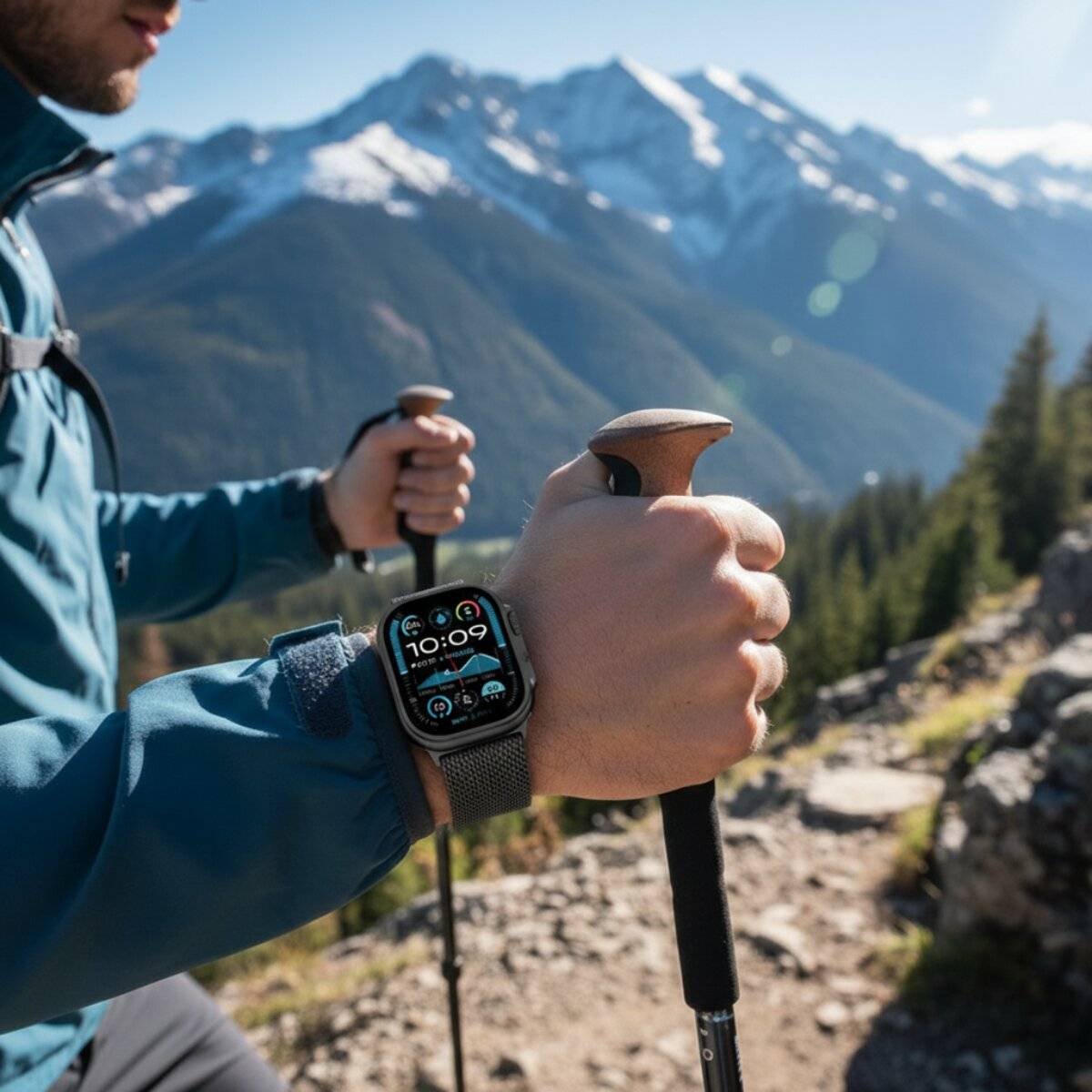 Person, die auf einem Bergwanderweg wandert, trägt eine Smartwatch, die Zeit und Trainingsstatistiken anzeigt. Schneebedeckte Gipfel sind im Hintergrund sichtbar.