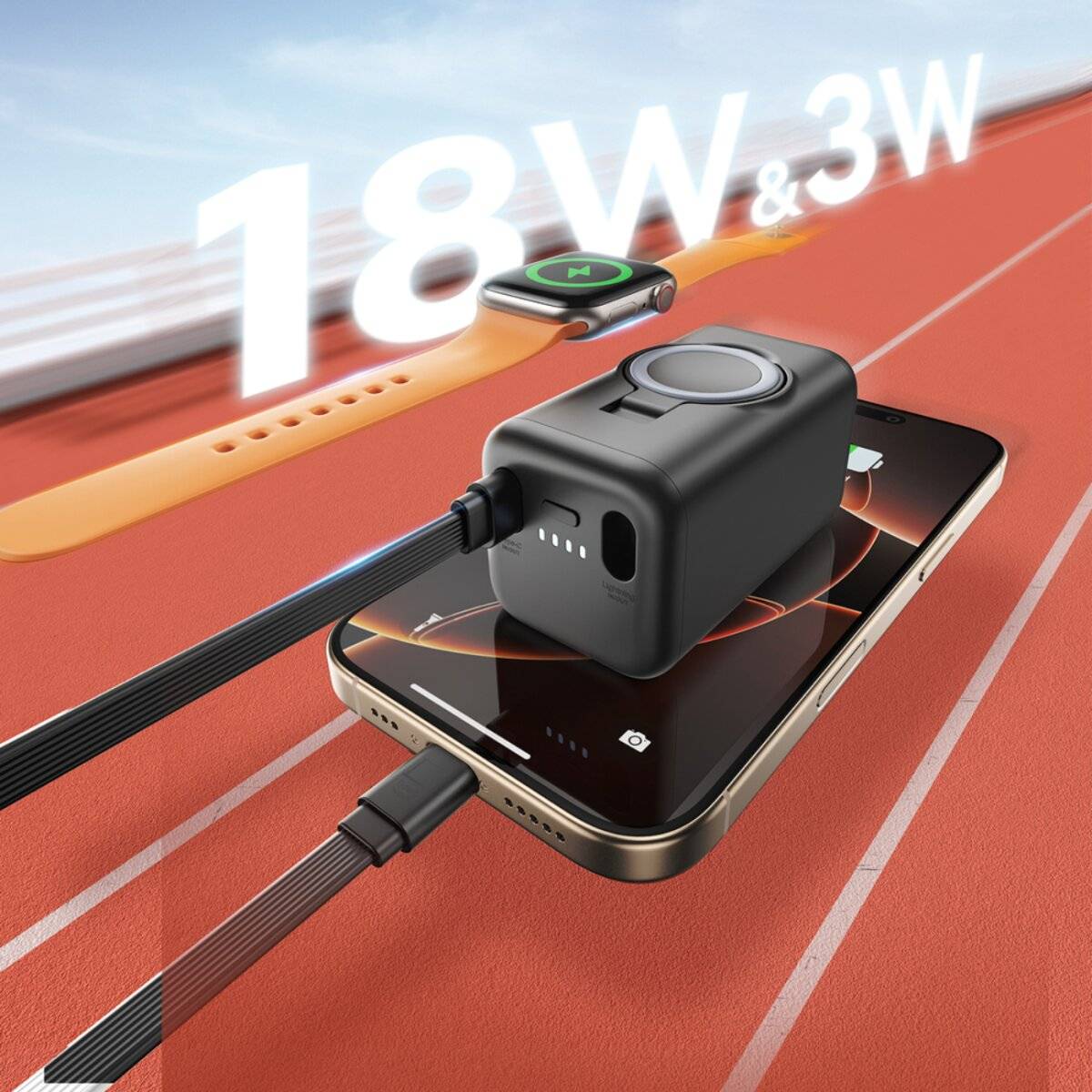 Joyroom JR-W13 5000 mAh Wireless Power Bank für Apple Watch + USB-C und Lightning – Schwarz