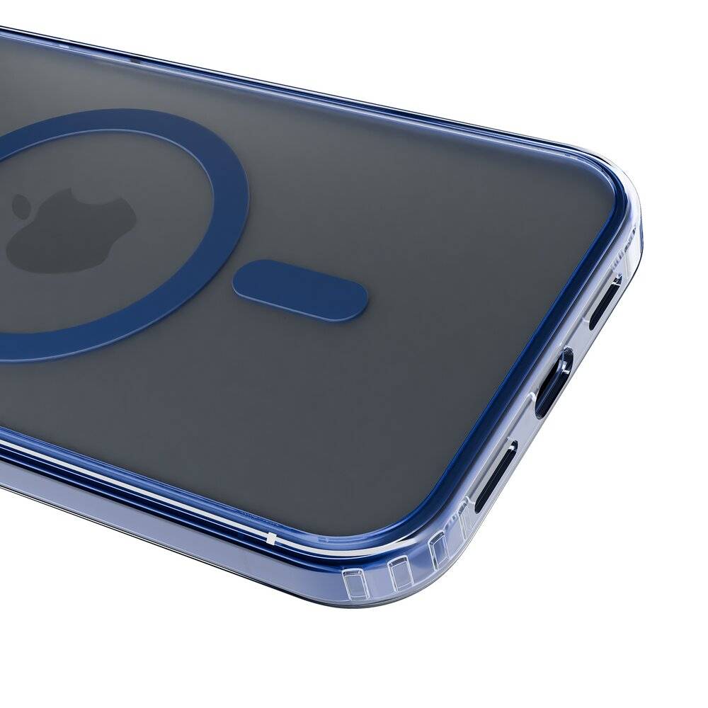Ein Smartphone mit blauem Case, das eine Kameraerhebung und ein Apple-Logo aufweist, von hinten in einem Winkel fotografiert, der das Design hervorhebt.