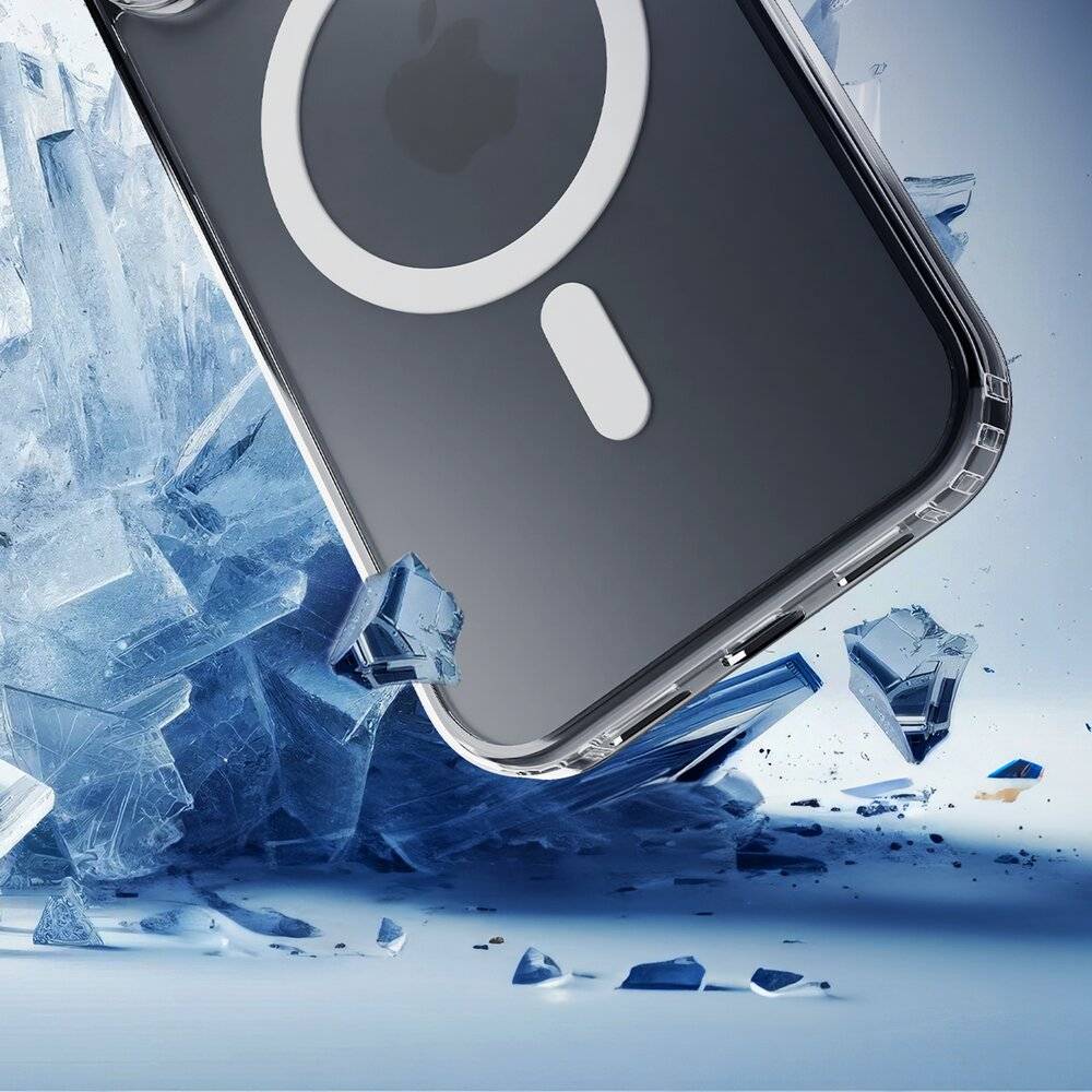 Ein Smartphone-Case mit magnetischem Ring wird vor einem zerbrochenen Eishintergrund gezeigt und hebt seine Langlebigkeit und elegantes Design hervor.
