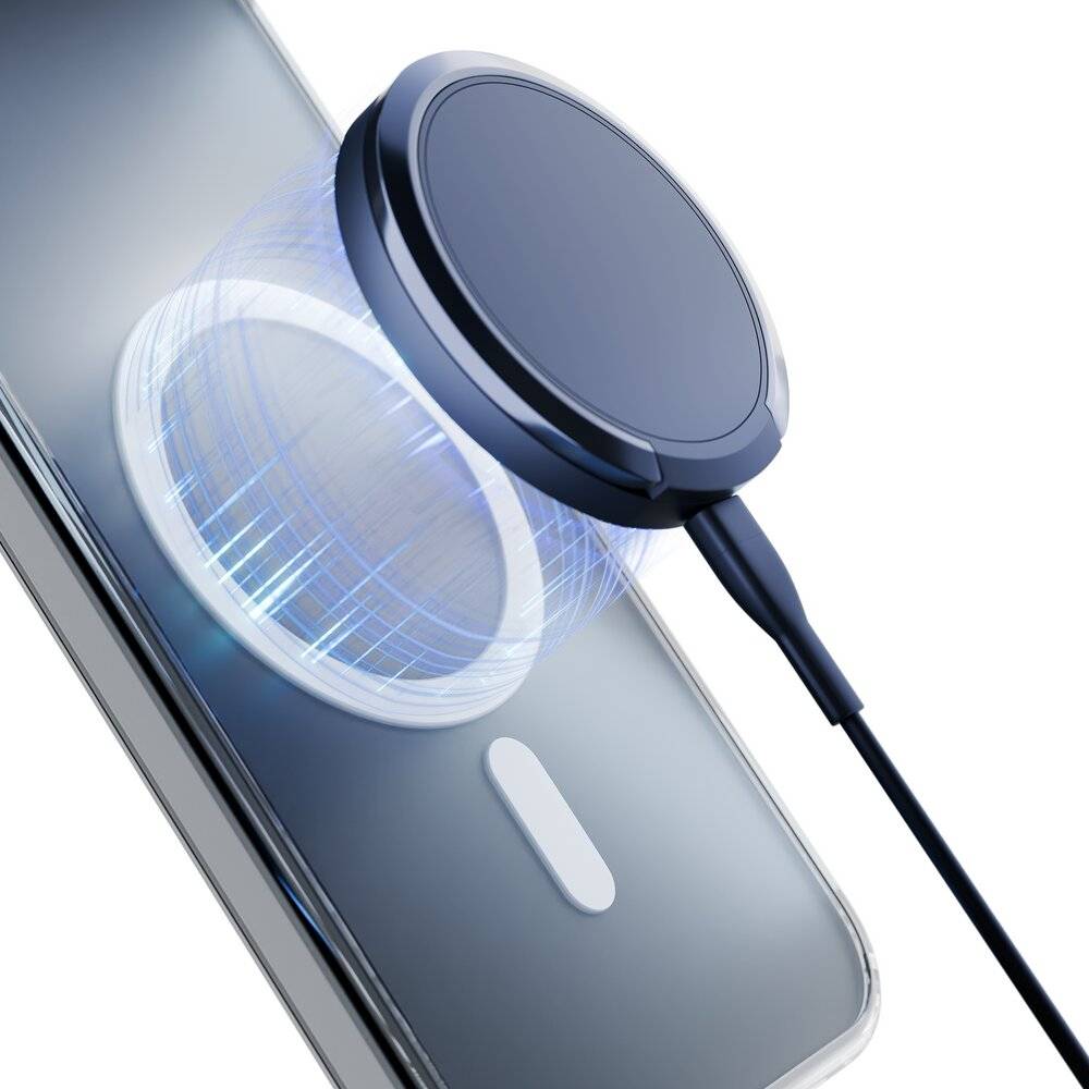 Ein kabelloses Ladegerät, das magnetisch an einem Smartphone befestigt ist und magnetische Ausrichtung und Ladefunktionalität zeigt.
