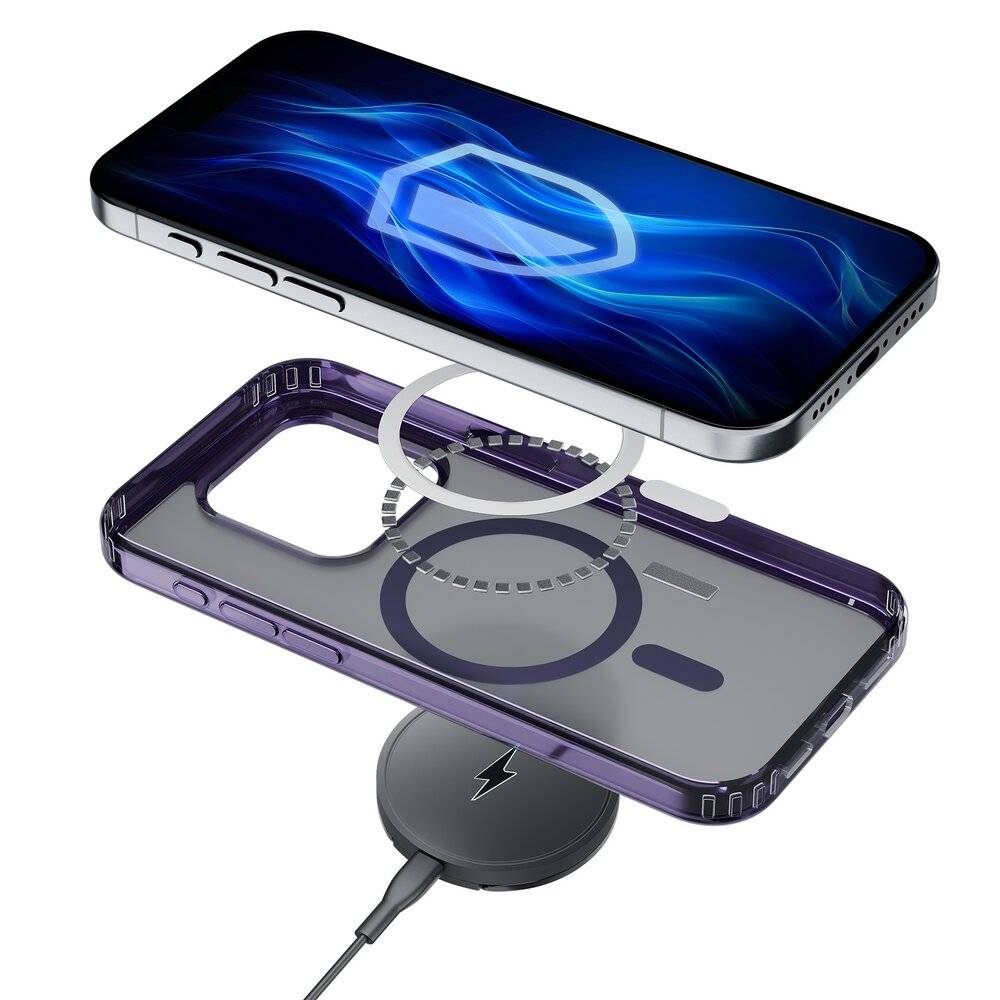 Ein Smartphone mit einer dunklen, für MagSafe entwickelten Schutzhülle, die kreisförmige magnetische Ausrichtungsmarkierungen für kabelloses Laden und Zubehörbefestigung aufweist.