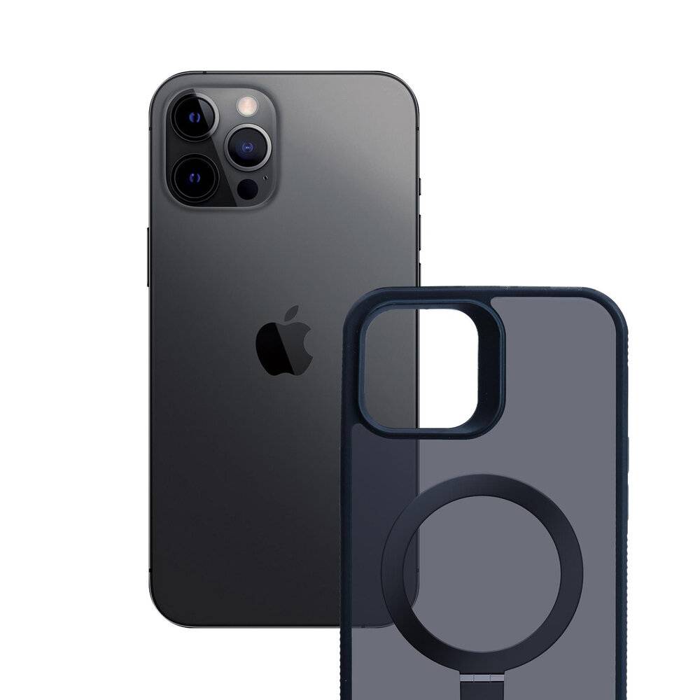 Ein schwarzes Smartphone mit drei Rückkameras und einem Apple-Logo neben einer transparenten Schutzhülle, die auf der Rückseite ein kreisförmiges Design zeigt.