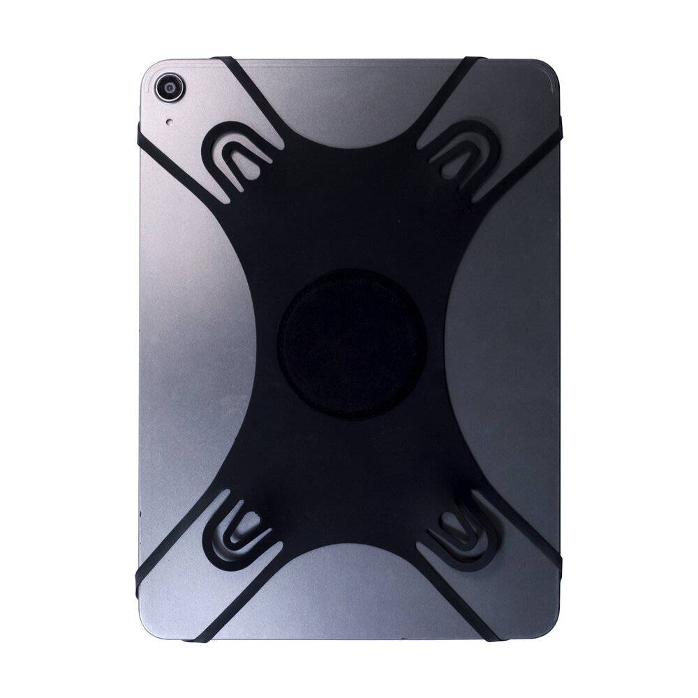 Ein Tablet mit einem schwarzen Schutzetui, das vier flexible Riemen auf der Rückseite für verbesserten Halt und Schutz aufweist.