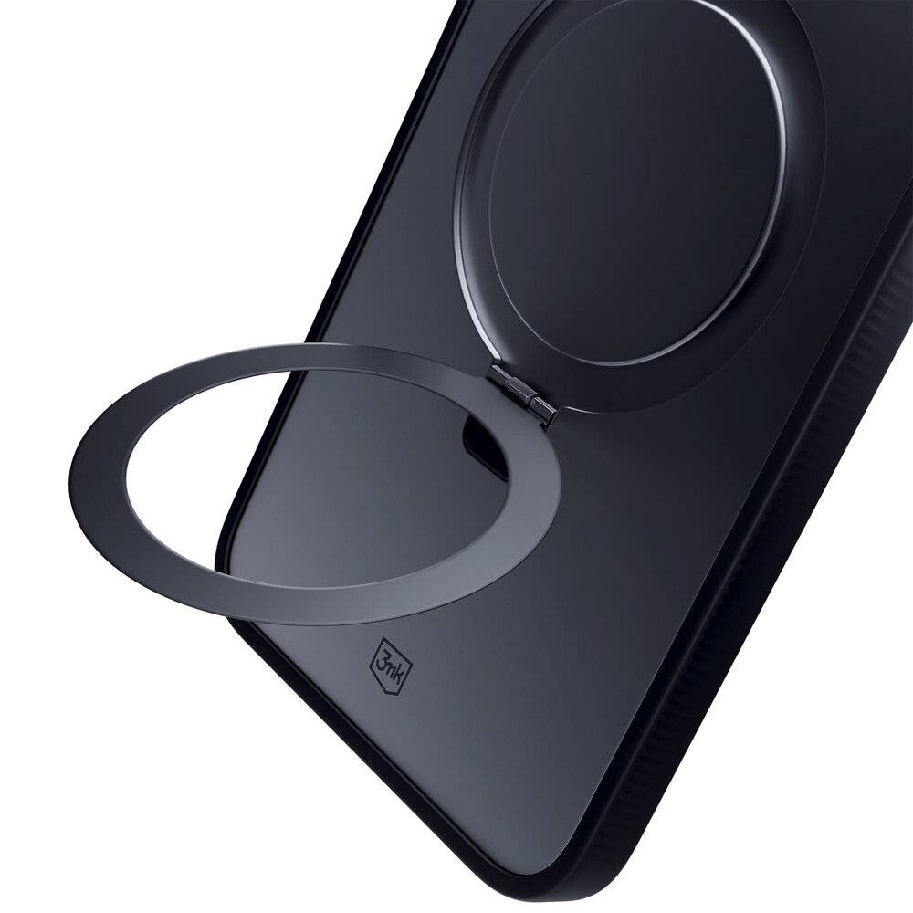 Zwei Handyhüllen mit kreisförmigen Griffen; eine Hülle zeigt einen iPhone-Kameraausschnitt, beide in kontrastierendem Schwarz- und Graudesign.