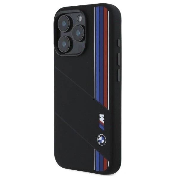 BMW Silikon Cut Tricolor Lines MagSafe Hülle iPhone 16 Pro – Schwarz