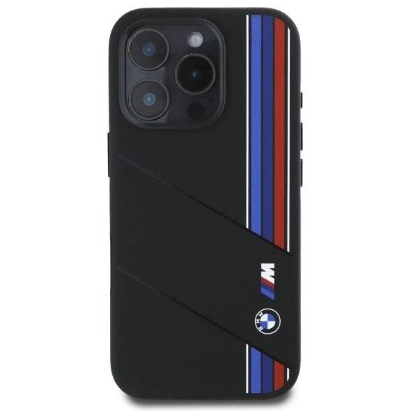 BMW Silikon Cut Tricolor Lines MagSafe Hülle iPhone 16 Pro – Schwarz
