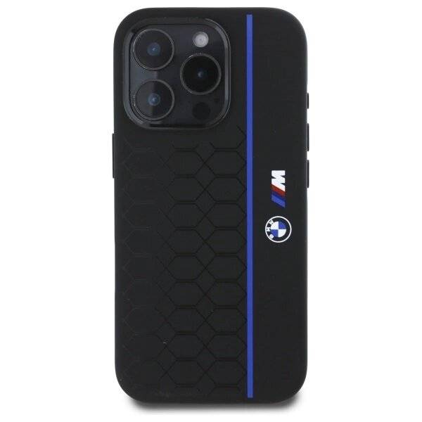 BMW Silikon Hexagon Blue Line MagSafe Hülle iPhone 16 Pro – Schwarz