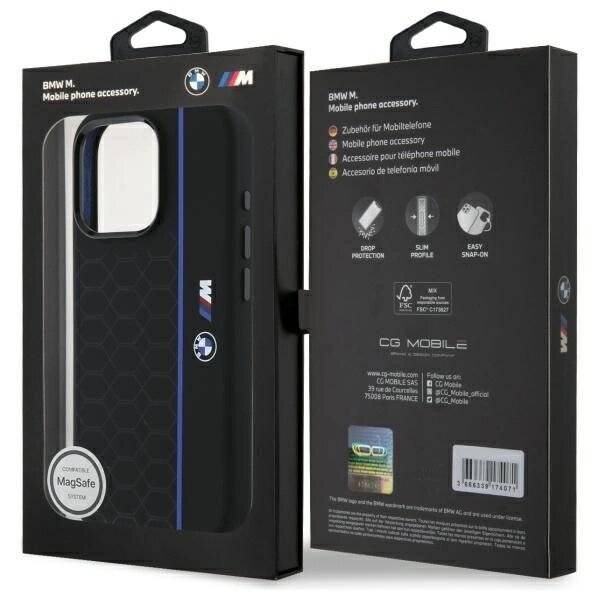BMW Silikon Hexagon Blue Line MagSafe Hülle iPhone 16 Pro – Schwarz