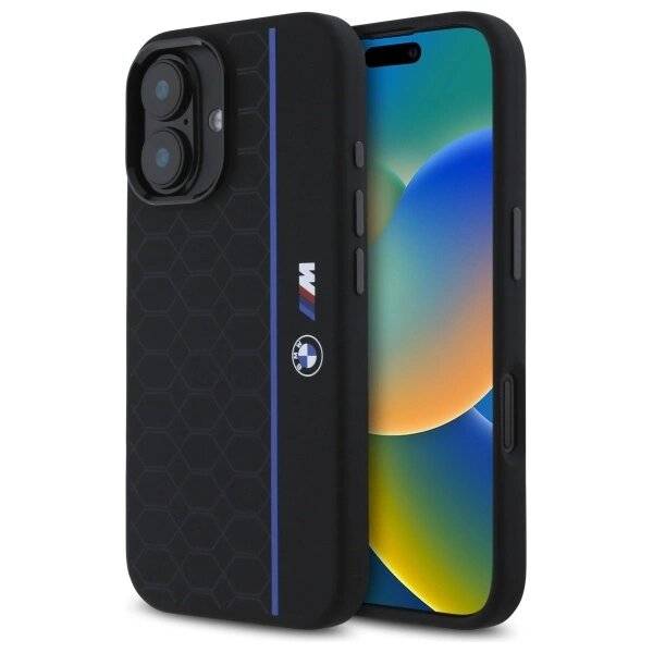 BMW Silikon Hexagon Blue Line MagSafe Hülle iPhone 16 – Schwarz