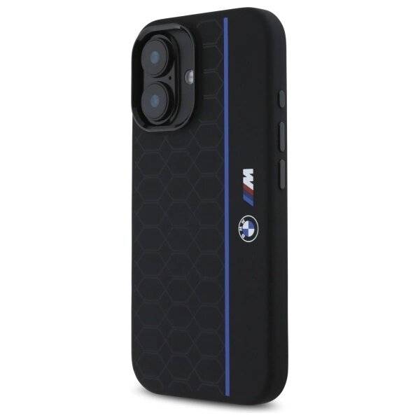 BMW Silikon Hexagon Blue Line MagSafe Hülle iPhone 16 – Schwarz