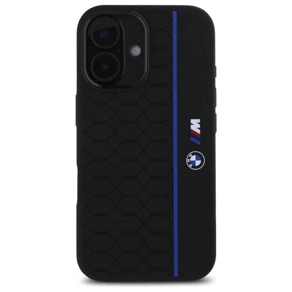 BMW Silikon Hexagon Blue Line MagSafe Hülle iPhone 16 – Schwarz