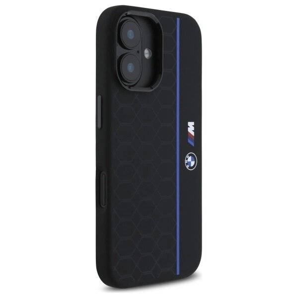 BMW Silikon Hexagon Blue Line MagSafe Hülle iPhone 16 – Schwarz