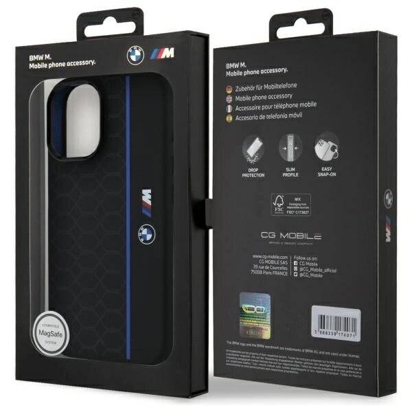 BMW Silikon Hexagon Blue Line MagSafe Hülle iPhone 16 – Schwarz