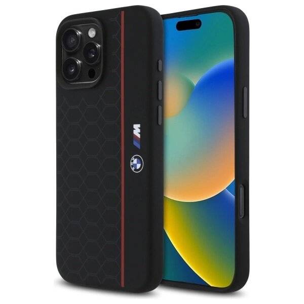 BMW Silikon Hexagon Red Line MagSafe Hülle iPhone 16 Pro Max - Schwarz
