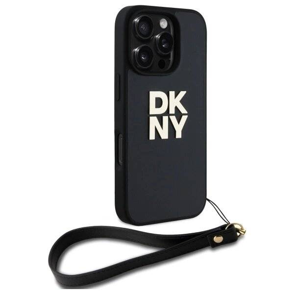 DKNY Wrist Strap Stock Logo Hülle iPhone 16 Pro – Schwarz