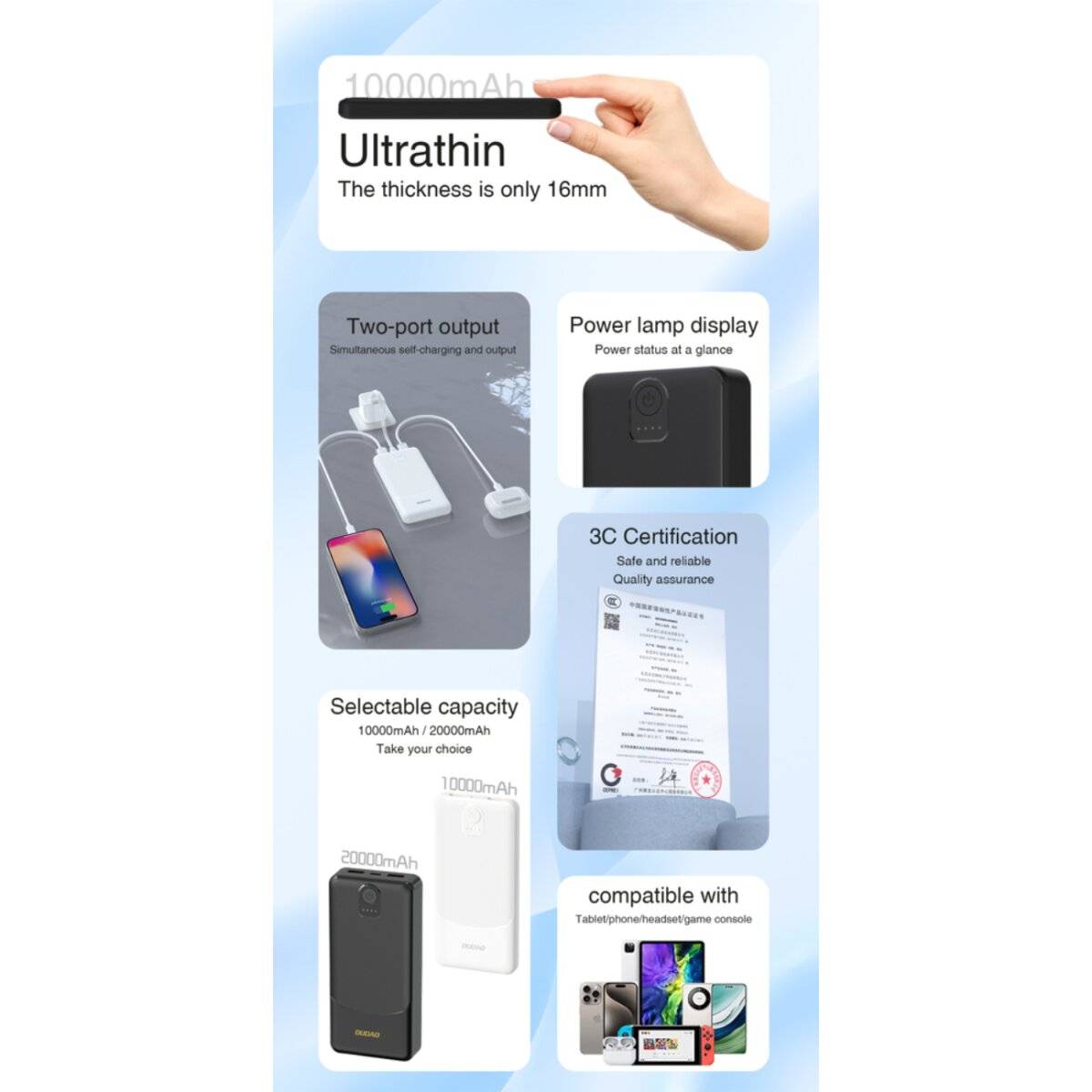Powerbank Dudao K10 10000mAh 2.4A 2 x USB-A - weiß