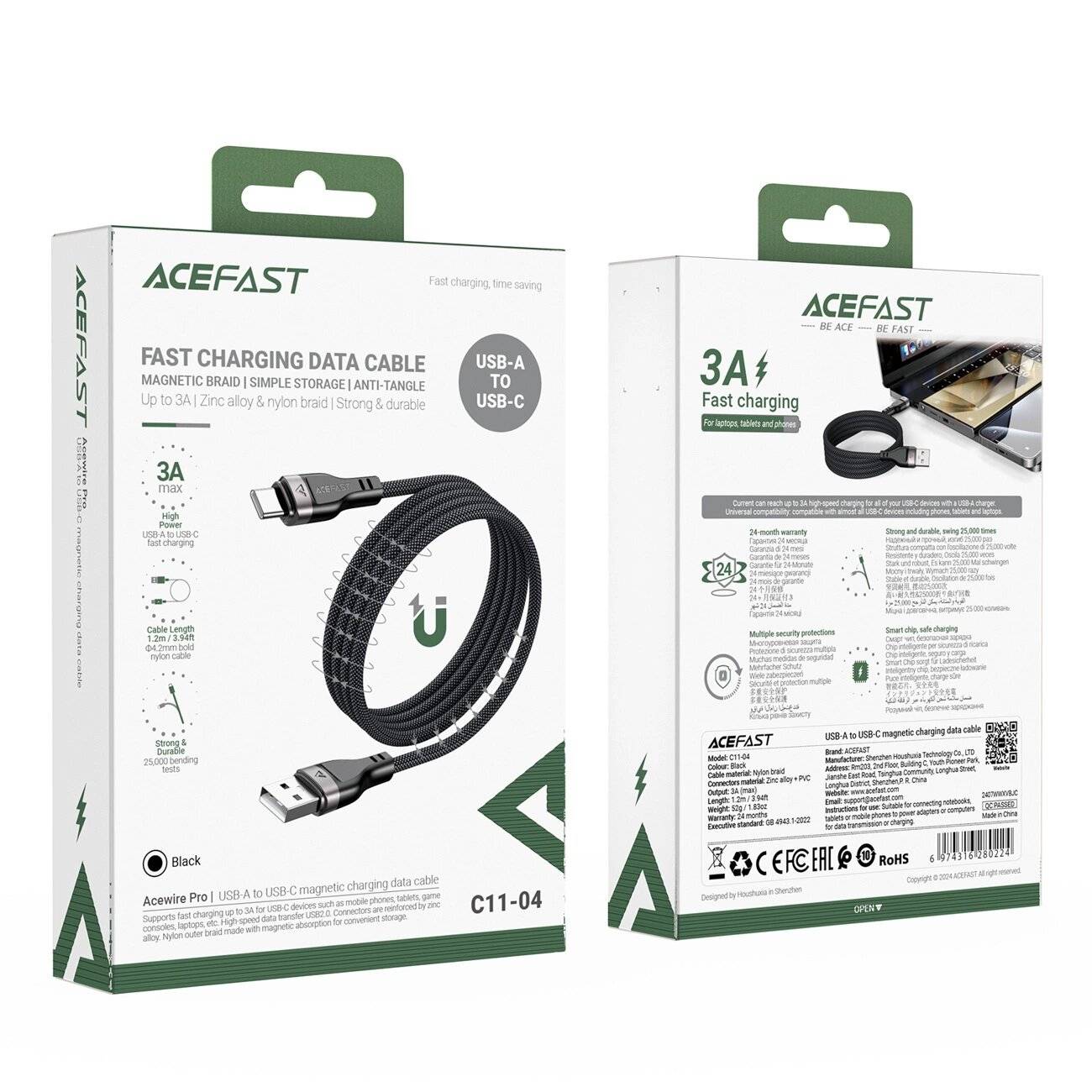 Acefast C11-04 USB-A - USB-C 3A Kabel 1,2m Magnetgeflecht Schwarz