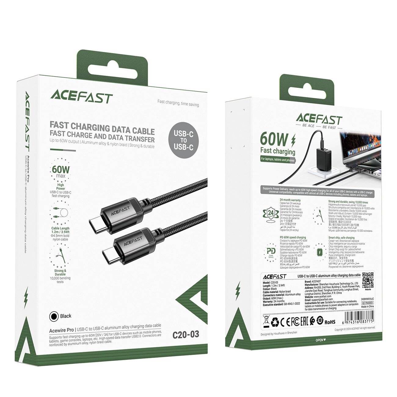Acefast C20-03 USB-C Kabel - 480Mb/s 3A 1.2m Schwarz