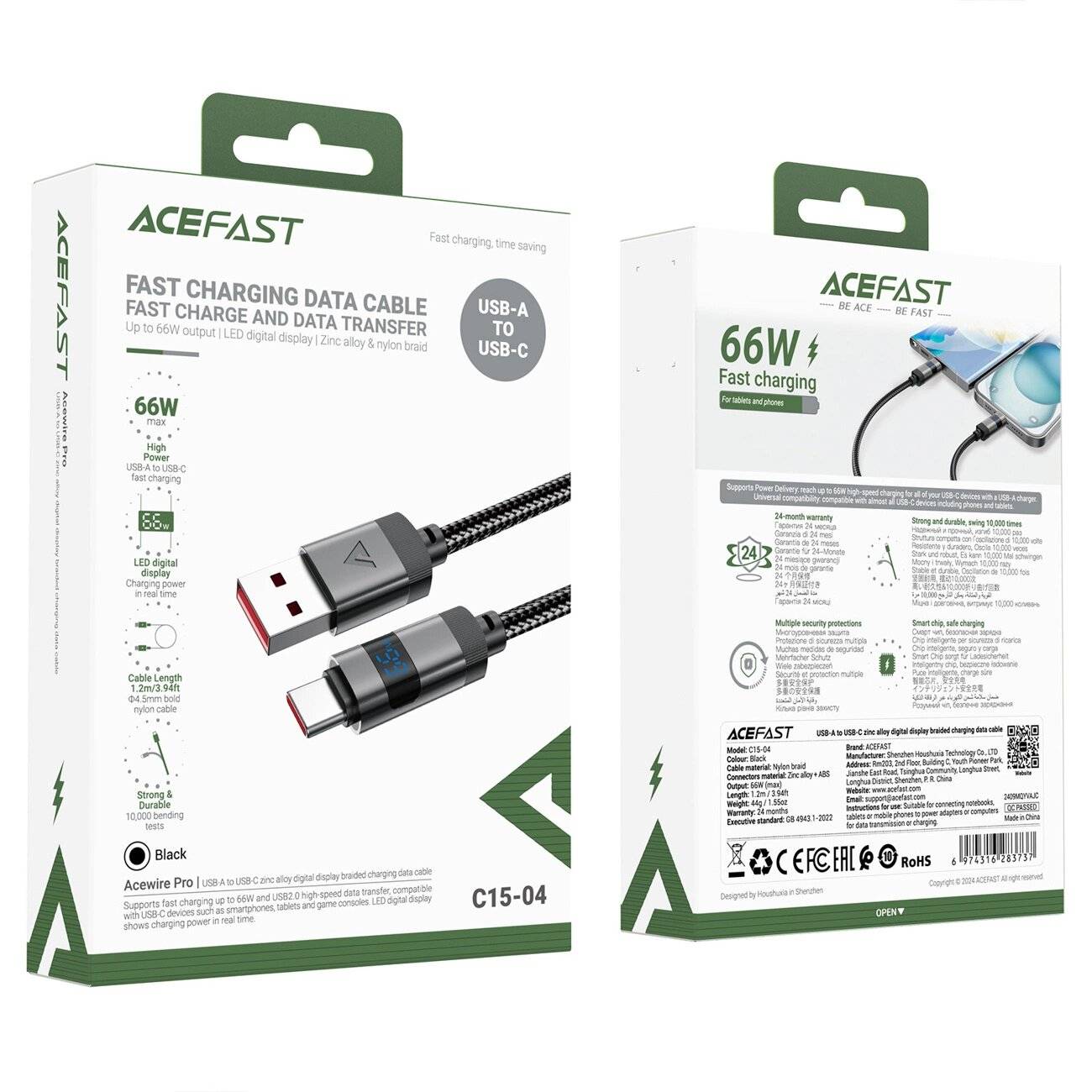 Acefast C15-04 USB-A - USB-C Kabel Display 480Mb/s 66W 1,2m Schwarz