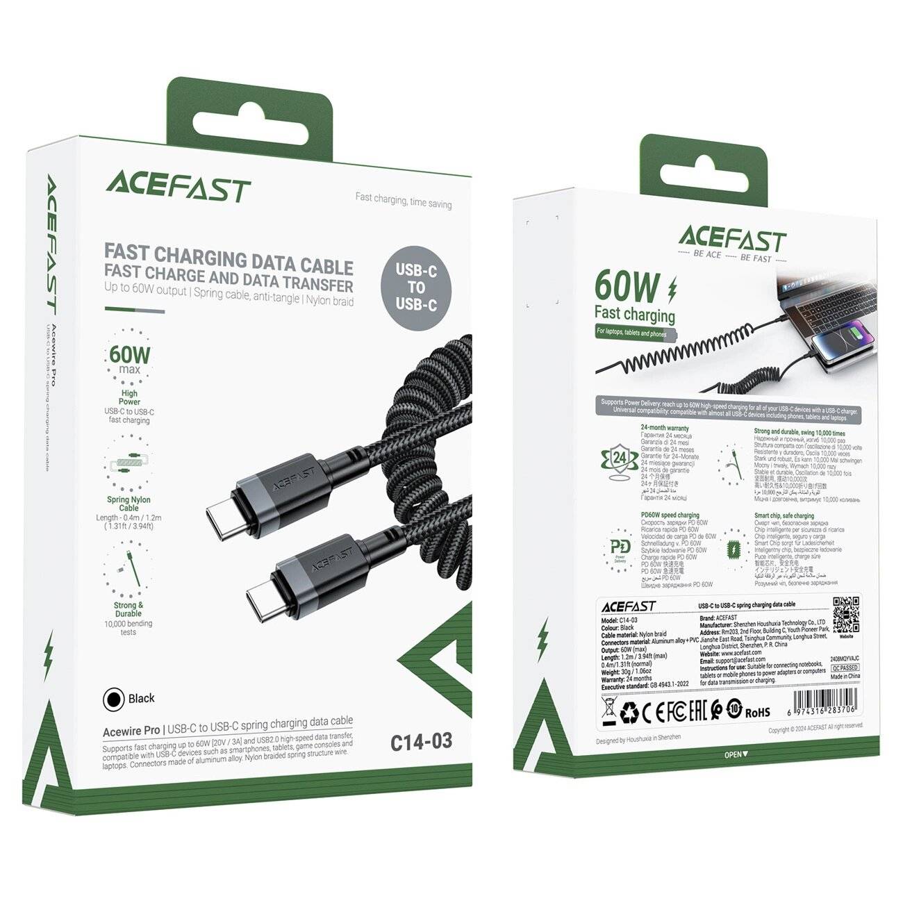 Acefast C14-03 USB-C - Federkabel 480Mb/s 3A 1,2m Schwarz