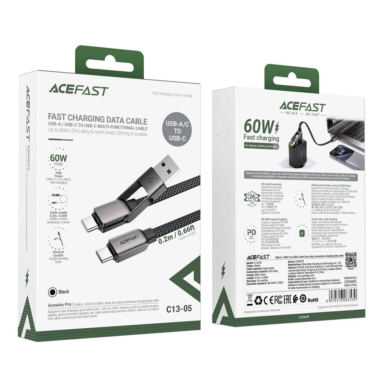 Acefast C13-05 USB-C - USB-A / Kabel 480Mb/s 3A 0,2m Schwarz