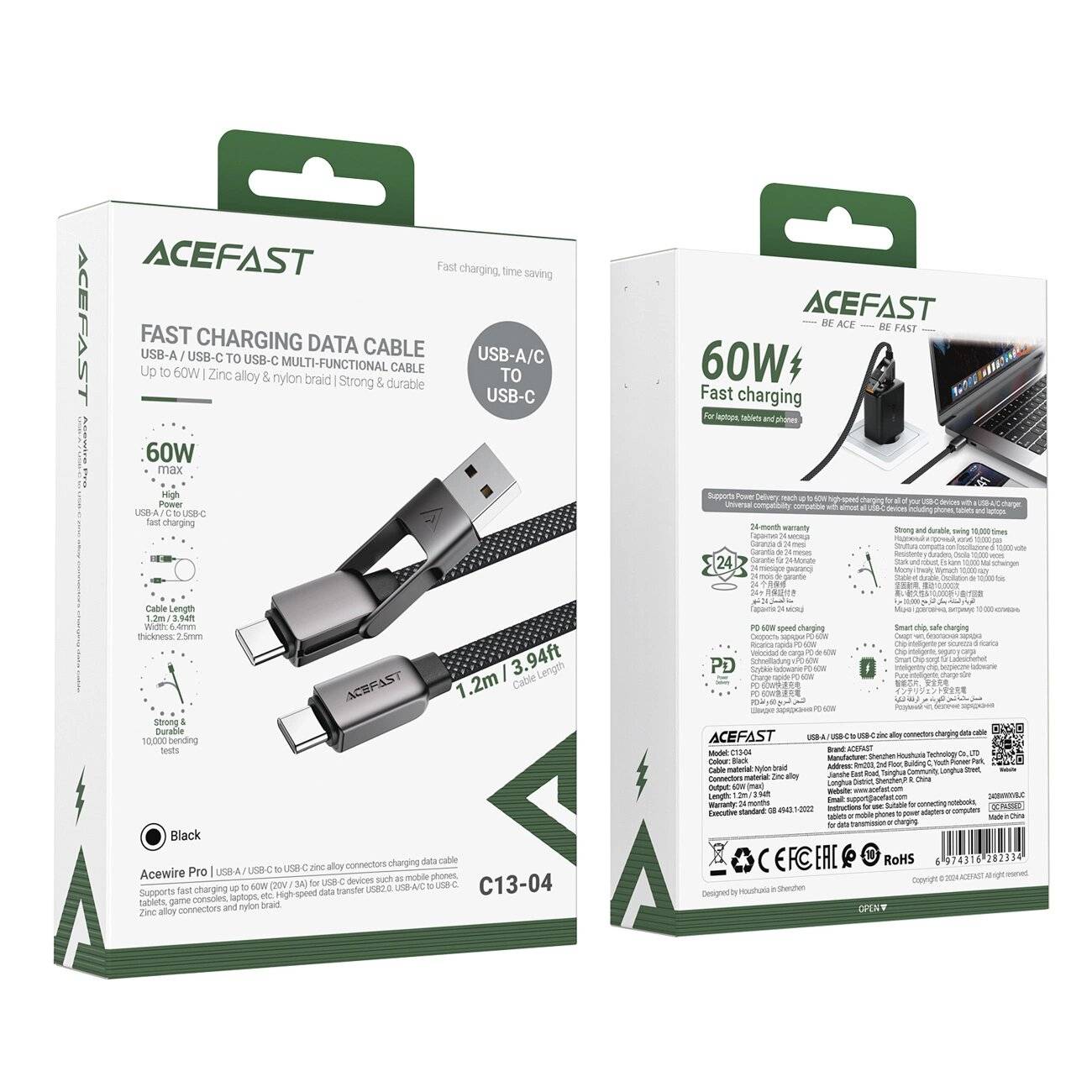 Acefast C13-04 USB-C - USB-A / Kabel 480Mb/s 3A 1,2m Schwarz